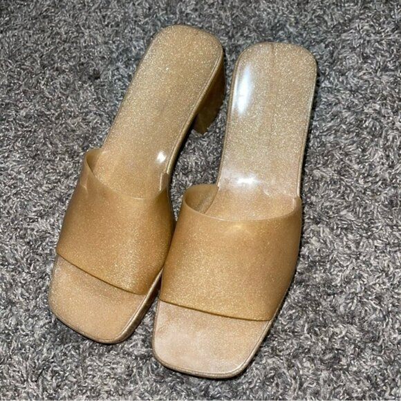 STEVE MADDEN Gold Metallic Slip-on Sandal Heels Sz8M - Picture 4 of 7